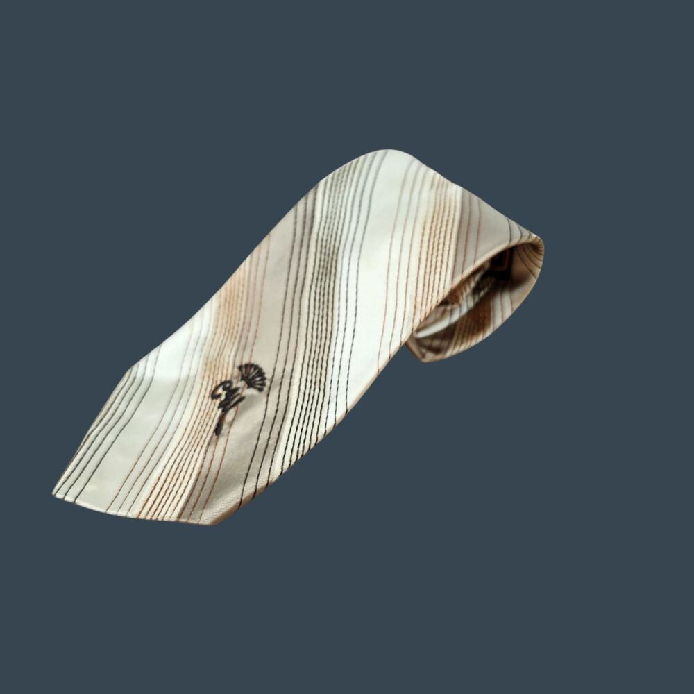 Men's Vintage Countess Mara Silk Tie Beige Yellow Striped Embroidered Logo